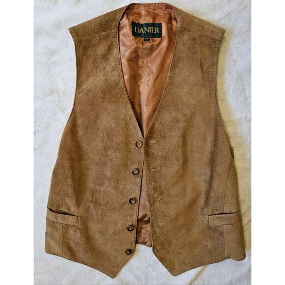 Danier Tan Western Style Vest Genuine Leather 5 Button Men's Size Small - Picture 2 of 11